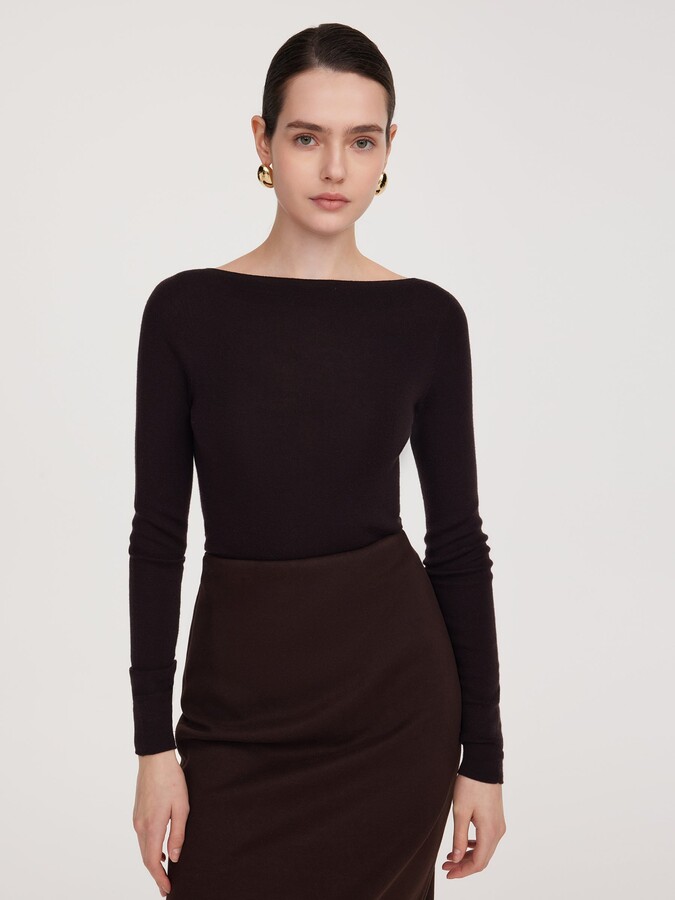 GOELIA 100% Wool Seamless Boat Neck Women Knit Top - Chocolate Brown / S
