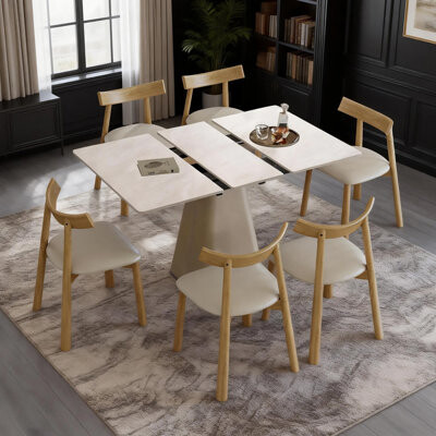 Latitude Run 7-Piece Expandable Dining Set with 6 Wooden Chairs & Leather-Wrapped Base Space-Saving Kitchen Table for Small Apartments