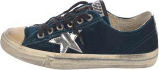 Golden Goose Vstar2 Low Top Sneakers Blue, Metallic & Silver Velvet Graphic Print Rubber Trim Leather & Distressed Accents Round-Toes Lace-Up Closure at Uppers Designer
