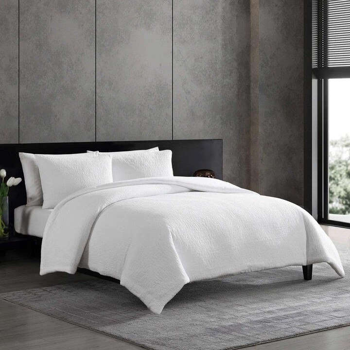 Vera Wang Puckered Texture 3-Piece White Cotton Blend Queen Duvet Cover Set