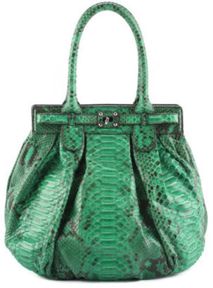 Zagliani NEW Green Python Snakeskin Silver Tone Twist Lock Pleated Handbag