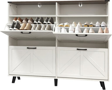 Ophelia & Co. GarveeHome Shoe Storage Cabinet Farmhouse Shoe Organizer with 4 Flip Drawers and Open Storage Freestanding Narrow Shoe Rack Cabinet for Entryway Ha