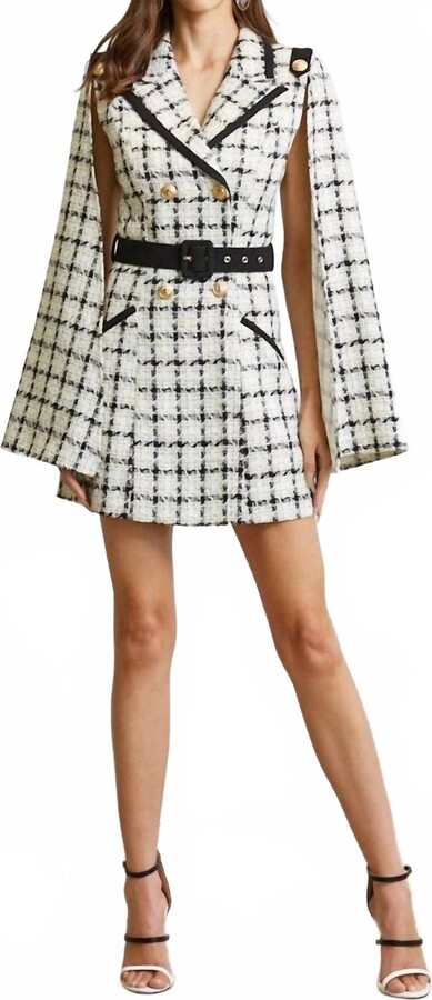 Rose Paulino Plaid Tweed Cape Shoulder Dress In Black/ White