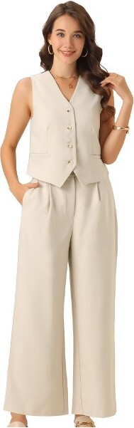 INSPIRE CHIC INSPIRECHICWomen'sTwoPieceOutfitsButtonFrontTankTopandWideLegPantsMatchingSetsApricotX-Large