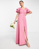 Thumbnail for your product : Little Mistress Bridesmaid satin maxi dress with flutter sleeves in dark pink