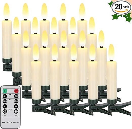 FPOO 20 PCS Christmas Tree Candles Lights Flickering,Clip on Candle Battery Operated Taper Candle Stick with Remote Timer,Mini Flameless Candles for Wreath Candelabra Waterproof Outdoor