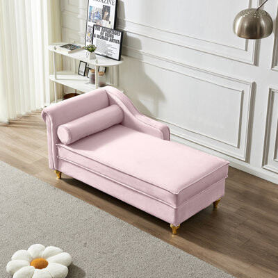 Soft Upholstered Pink Velvet Chaise With Storage - Relax In Style, Spacious Area, Gold Metal Legs, Simple Assembly Procedure Modern Lounge Chair Styli