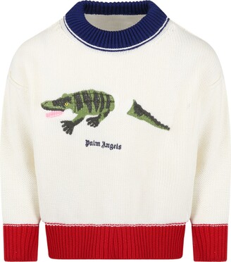 Palm Angels White Sweater For Boy With Crocodile And Logo