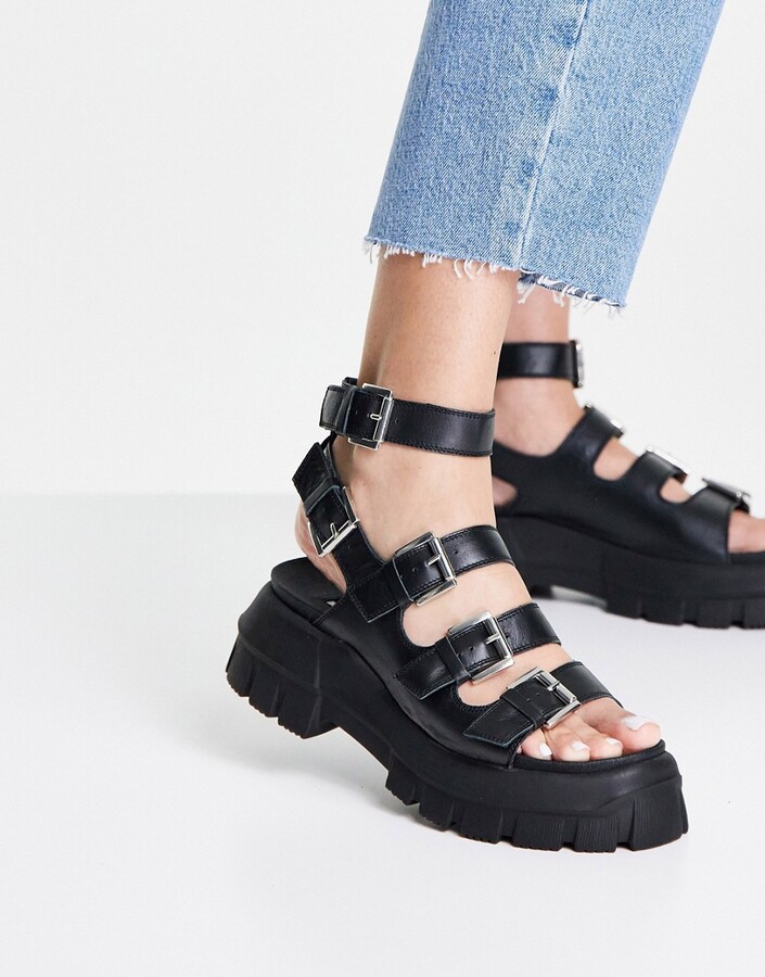 Topshop Peace leather chunky buckle sandals in black - ShopStyle