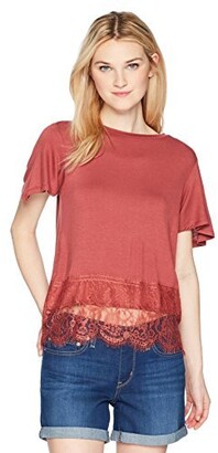 Jolt Women's Solid Knit Flutter Sleeve Top with Lace