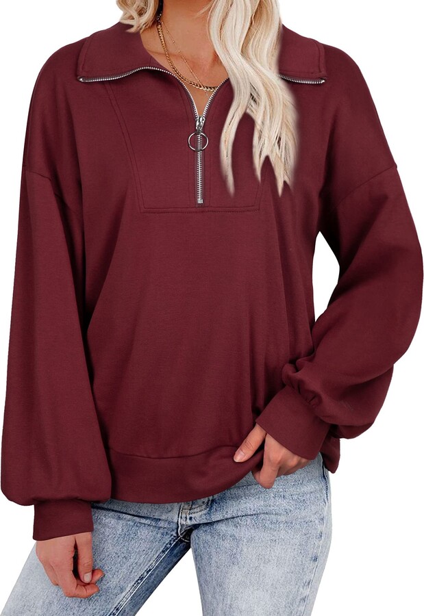 Dainzuy Women Quarter Zip Color Block Pullover Casual Long Sleeve Stand Collar Sweatshirt Tunic Tops with Pockets 