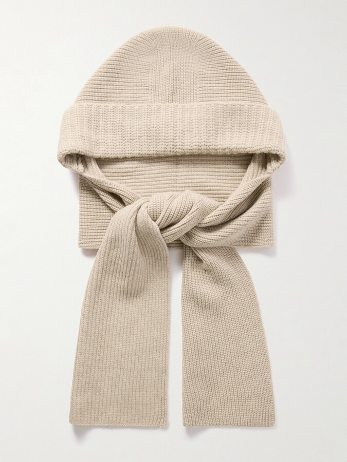 Yves Salomon Hooded Ribbed Wool And Cashmere-blend Snood - Neutrals