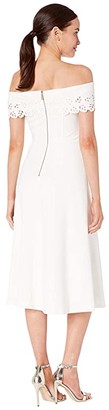 Calvin Klein Off Shoulder A-Line w/ Laser Cut Detail (White) Women's Dress