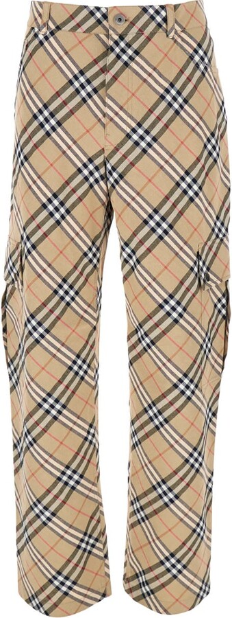 Beige Cargo Pants With Vintage Check Motif In Linen And Cotton Blend Man
