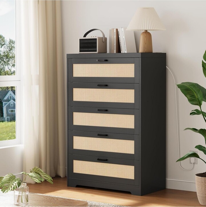 gaomon Rattan 5-Drawer Dresser Tall Wooden Chest for Bedroom Living Room Hallway