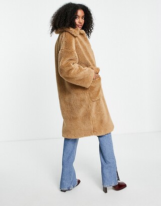 Topshop long teddy coat in brown - ShopStyle