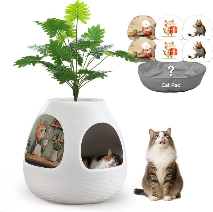 coziwow Copod8 3-in-1 Hidden Cat Cave Condo with Plant & Scratchers, Medium, White