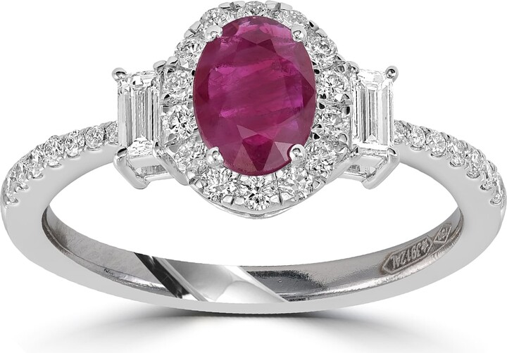 Artisan Oval Ruby & Diamond Three-Stone Halo Ring In 18K White Gold