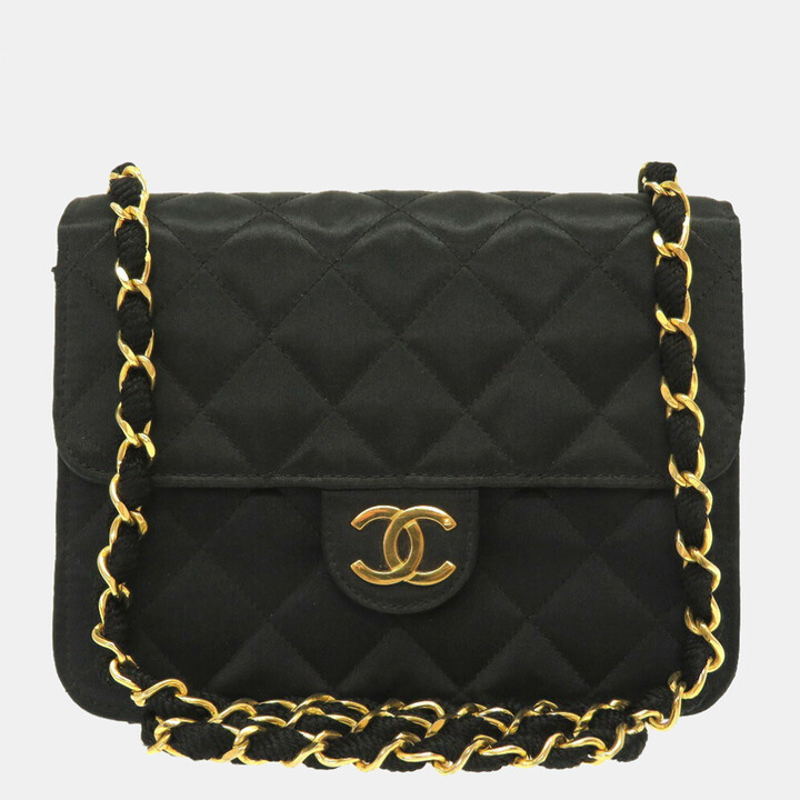 Chanel Black Satin Leather Square Vintage Flap Shoulder Bag - ShopStyle