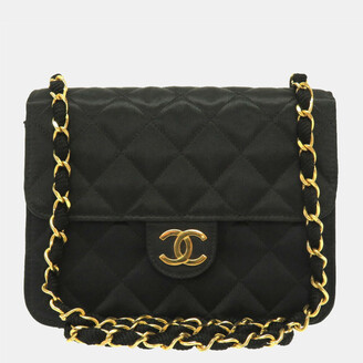 Chanel Black Satin Leather Square Vintage Flap Shoulder Bag