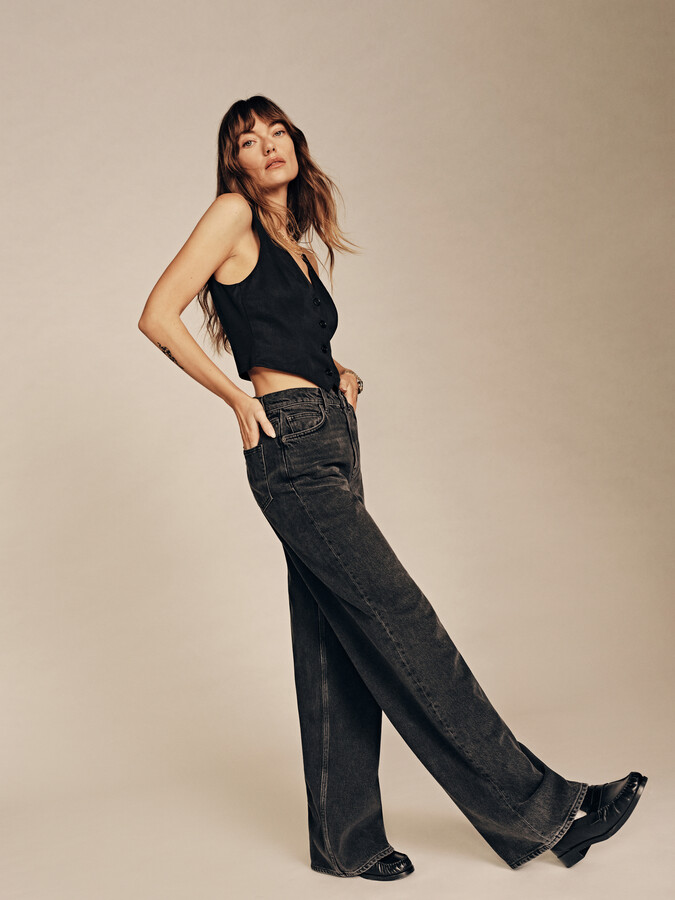 Reformation + Cary Double Waistband High Rise Slouchy Wide Leg Jeans