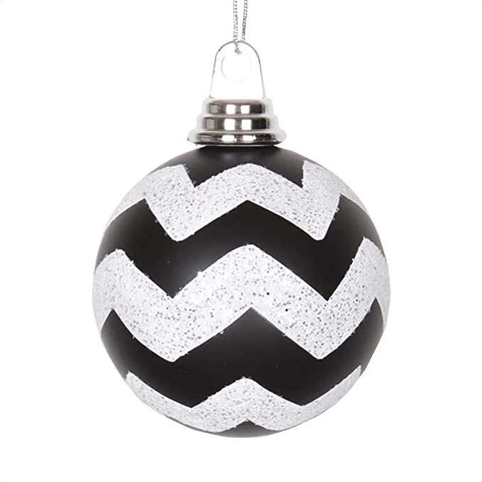 Vickerman 395431-4" White-Black Plastic Matte-Glitter Chevron Ball Christmas Tree Ornament (4 pack) (M143377)