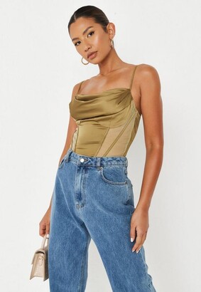 Missguided Olive Satin Mesh Panel Corset Top - ShopStyle