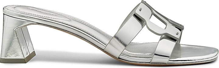 SIMKHAI Women's Monogram 50MM Metallic Leather Block-Heel Sandals - Silver - Size 5
