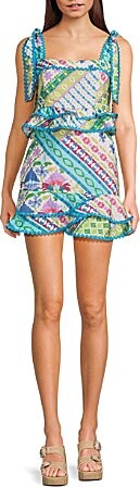 Tcec Patchwork Printed Ricrac Trim Cropped Tank Top Matching Asymmetrical Hem Skirt Set