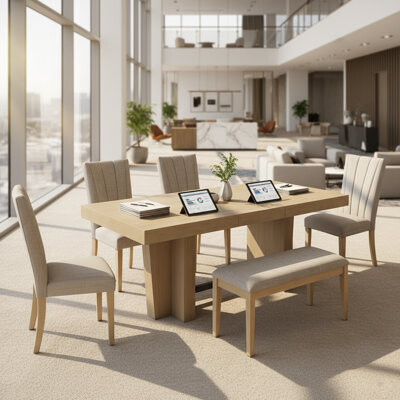 39F inc Reception Area Extendable Dining Table Set with Upholstered Chairs and Bench – Solid Wood, 6-Piece