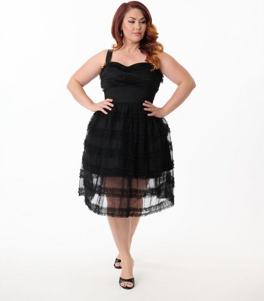 Unique Vintage Women's Plus Tiered Sheer Special Occasion Dress Black 1X/16