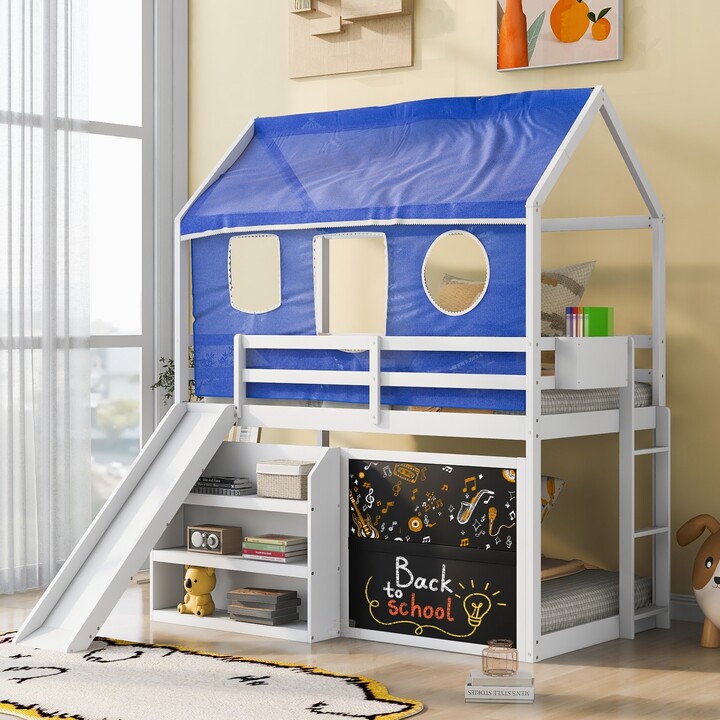 Calnod Twin over Twin House Bunk Bed with Blue Tent, Slide, Shelves and