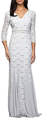 Alex Evenings V-Neck Sequined Lace 3/4 Sleeve Gown