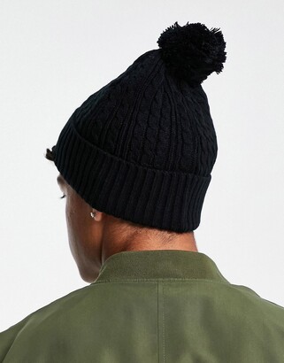ASOS DESIGN bobble beanie in black cable knit