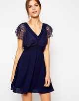 Thumbnail for your product : Elise Ryan Lace Skater Dress With Scallop Sleeve and Low Back