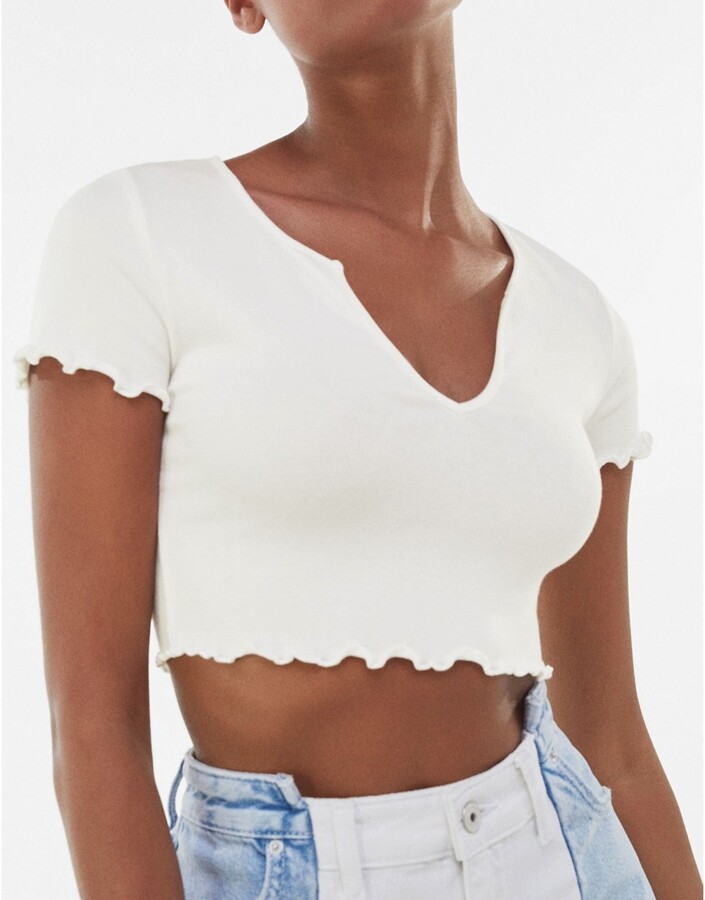 Bershka notch front crop tee with lettuce edge in white - ShopStyle T-shirts
