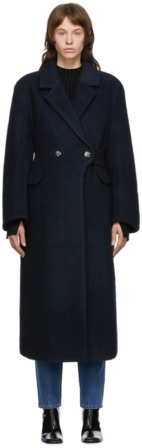 Ganni Navy Wool Double-Breasted Coat - ShopStyle