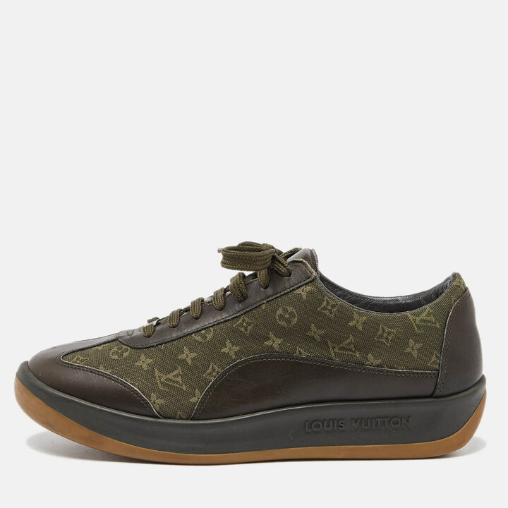 Louis Vuitton, Shoes, Louis Vuitton Canvas And Suede Lowtops In Olive  Green And White Piping Size 3