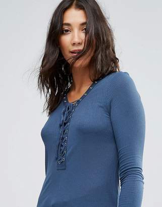 Brave Soul Longline Rib Top With Lace Up And Eyelet Detail