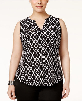 INC International Concepts Plus Size Printed Zip-Trim Blouse, Created for Macy's