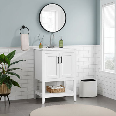 Ebern Designs White Modern Bathroom Vanity, Rectangular Ceramic Basin, 2 Doors, 1 Open Shelf, Independent Style