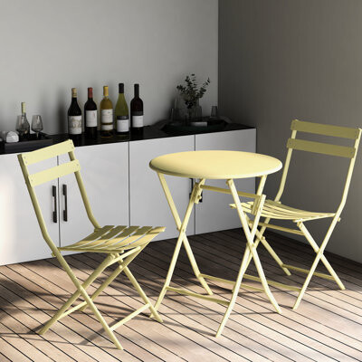 George Oliver 3 Piece Patio Bistro In Yellow - Foldable Metal Chairs And Table For Garden Dining 3 & Outdoor Entertaining