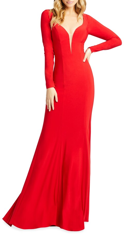 long sleeve floor length red dress