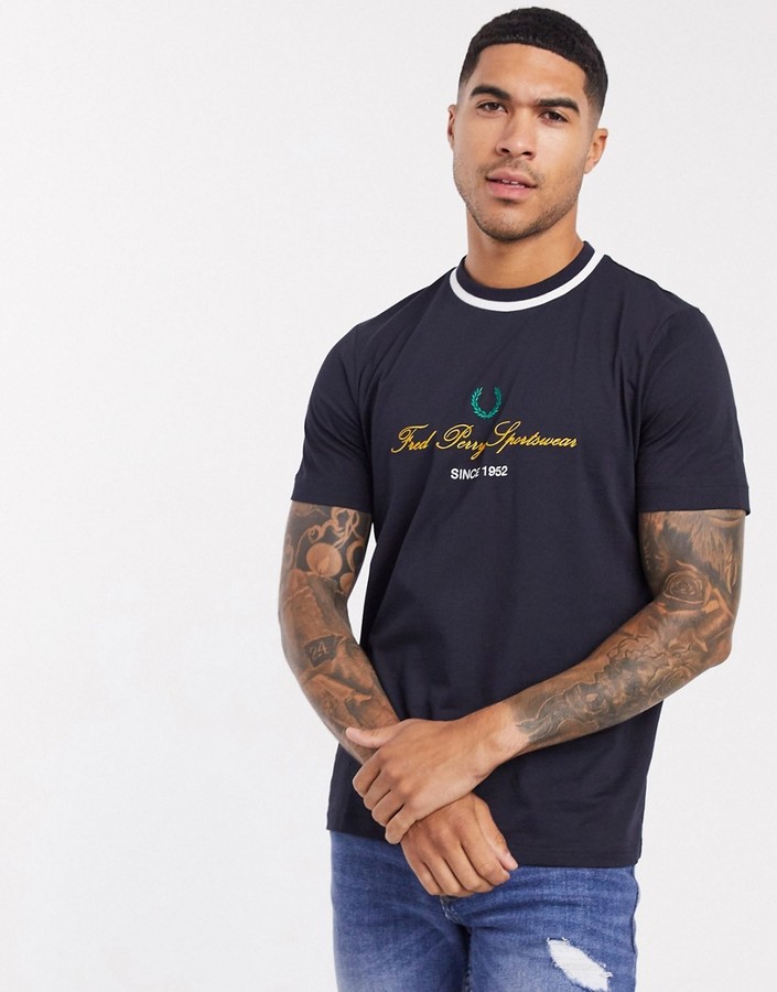 Fred Perry vintage logo t-shirt with contrast ringer in navy - ShopStyle