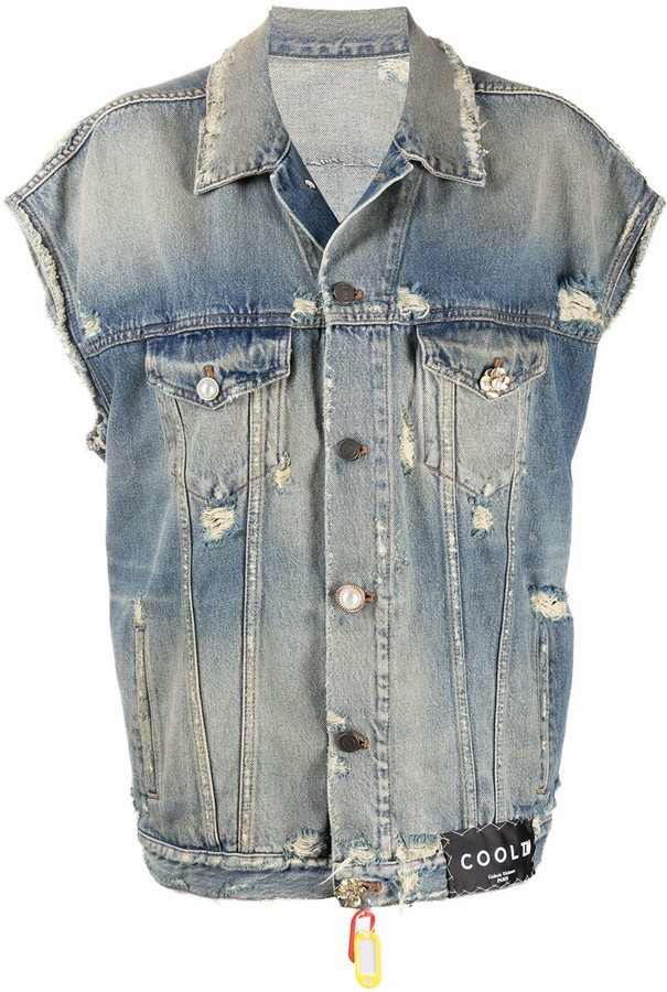 distressed sleeveless denim jacket