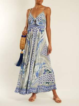 Camilla Salvador Summer Print Tie Front Silk Dress - Womens - Blue Multi