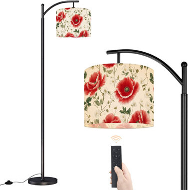 Latitude Run Arc Floor Lamp Hand drawn flower remixed from public domain artworks Floor Lamps with Remote LED Lights Adjustable Lamp Shades Tall Standing Lamps for