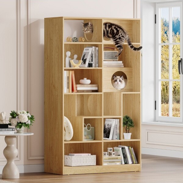 ModernLuxe 2IN1BookshelfCatHouseCatTreeBookcaseStorageRackDisplayStandCatLitterBoxEnclosureClimbingShelfNatural