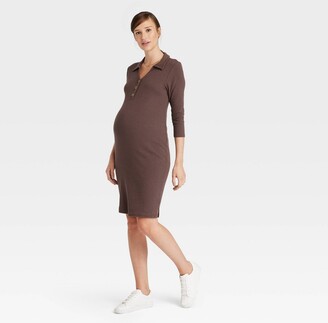 Long Sleeve Rib Polo Maternity Dress - Isabel Maternity by Ingrid & Isabel™ Brown XL