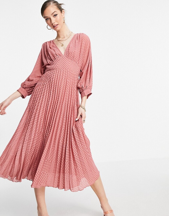 ASOS DESIGN pleated batwing midi dress in chevron dobby in dusky pink